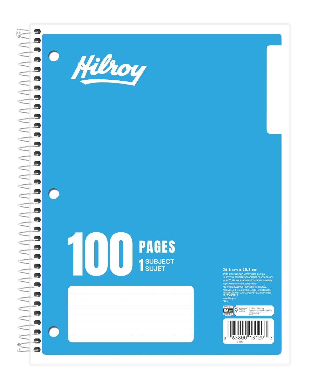 Cahier ligné, reliure à spirale, 1 sujet, 26,7 x 20,3 cm, 100 pages (1/2)